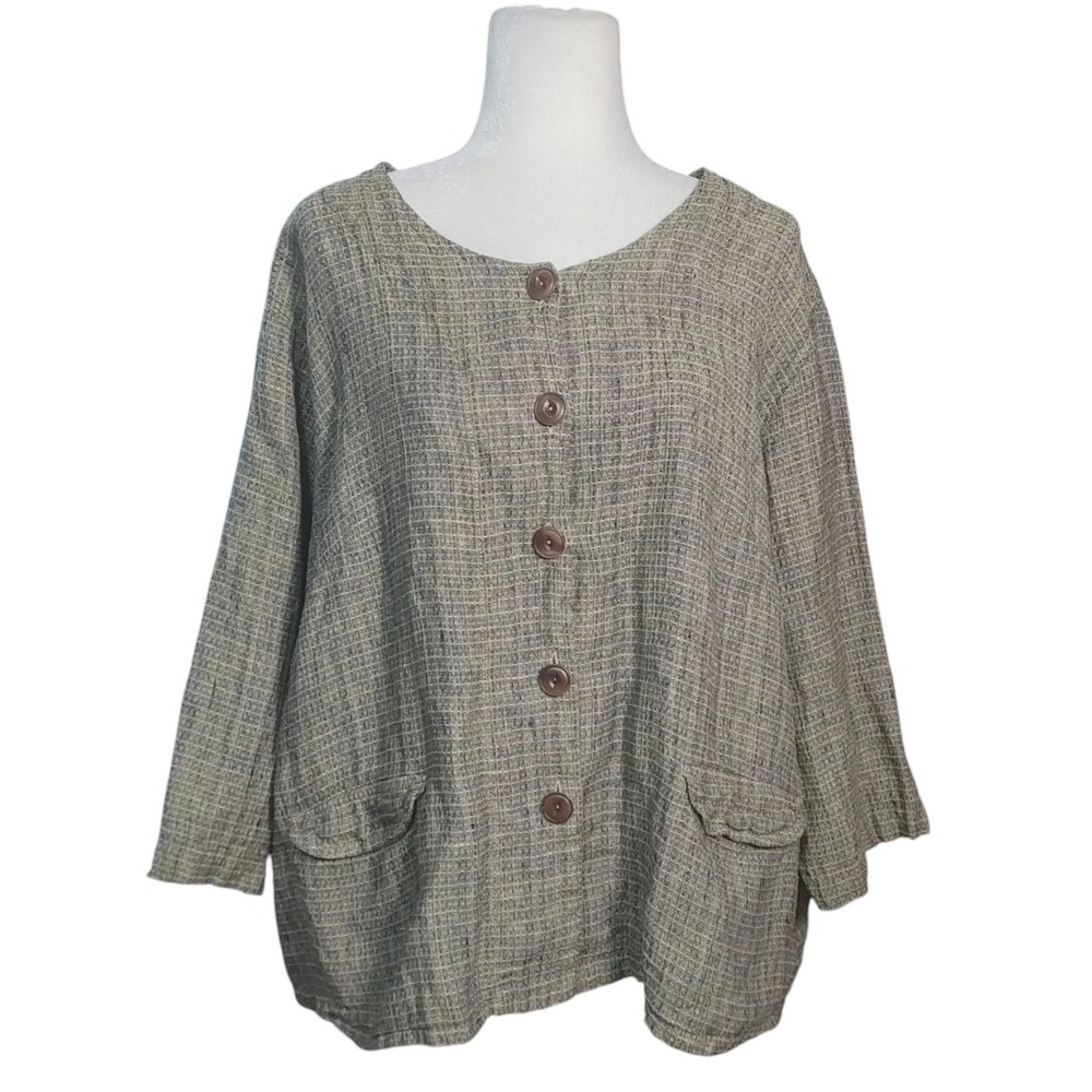 FLAX 100% Linen Button Front Jacket Green‎ Tan Textured Lagenlook Blazer 1G / 1X
